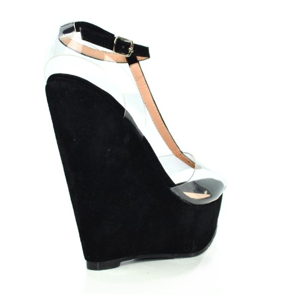 Women's Wedge Peep Toe Sling Back Adjustable buckle T-Strap - Picture 2 of 5